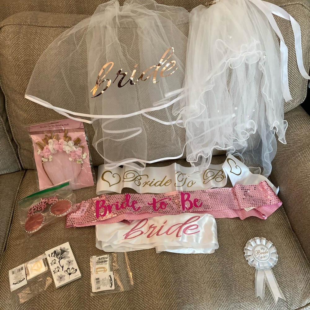 Bachelorette Bundle Veil, Sash, Headband, Glasses, Button, Tatoos Bride Barbie